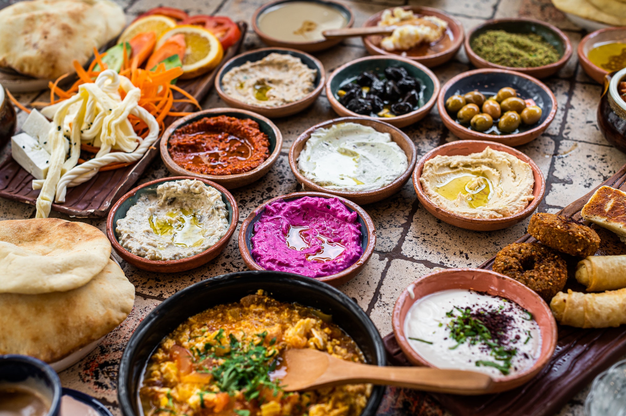 Turkish Village breakfast table served in a restaurant. Top view